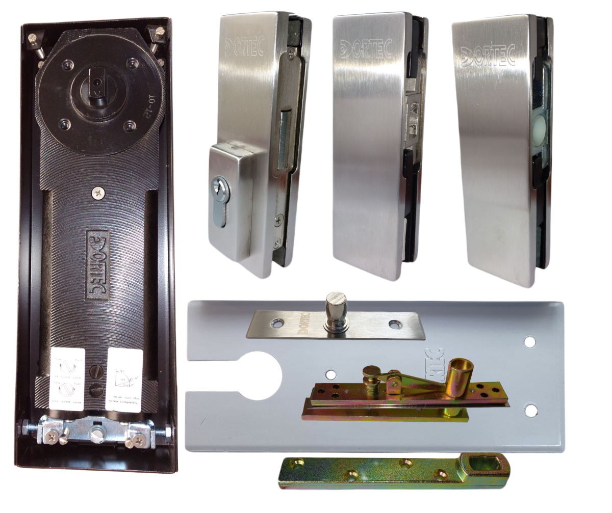 KIT DE BISAGRA DORTEC DT-2300 CON HERRAJES PARA CRISTAL TEMPLADO.